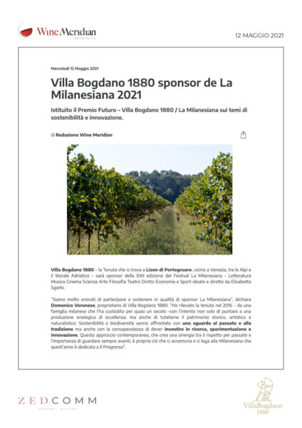 Wine Meridian 1a pagina articolo su Villa Bogdano 1880 sponsor de La Milanesiana
